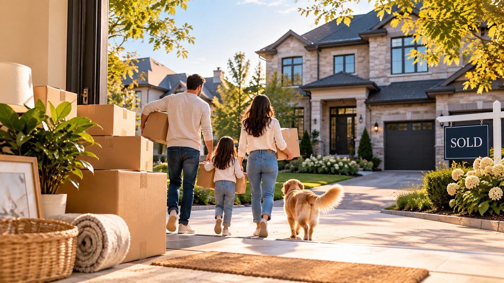 Family moving into a larger home with moving boxes and a sold sign.