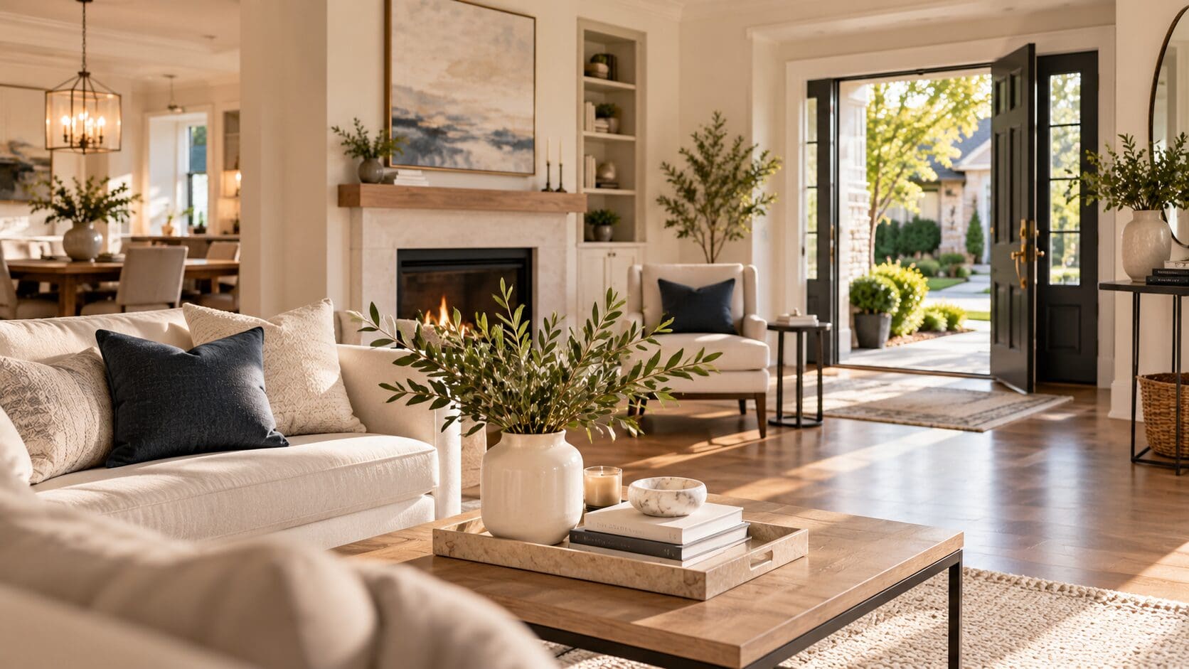 Bright, professionally staged living room prepared for potential home buyers.