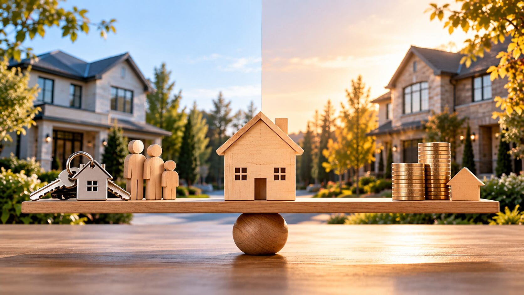 House model balanced between home buyers and sellers, representing changing real estate market conditions.