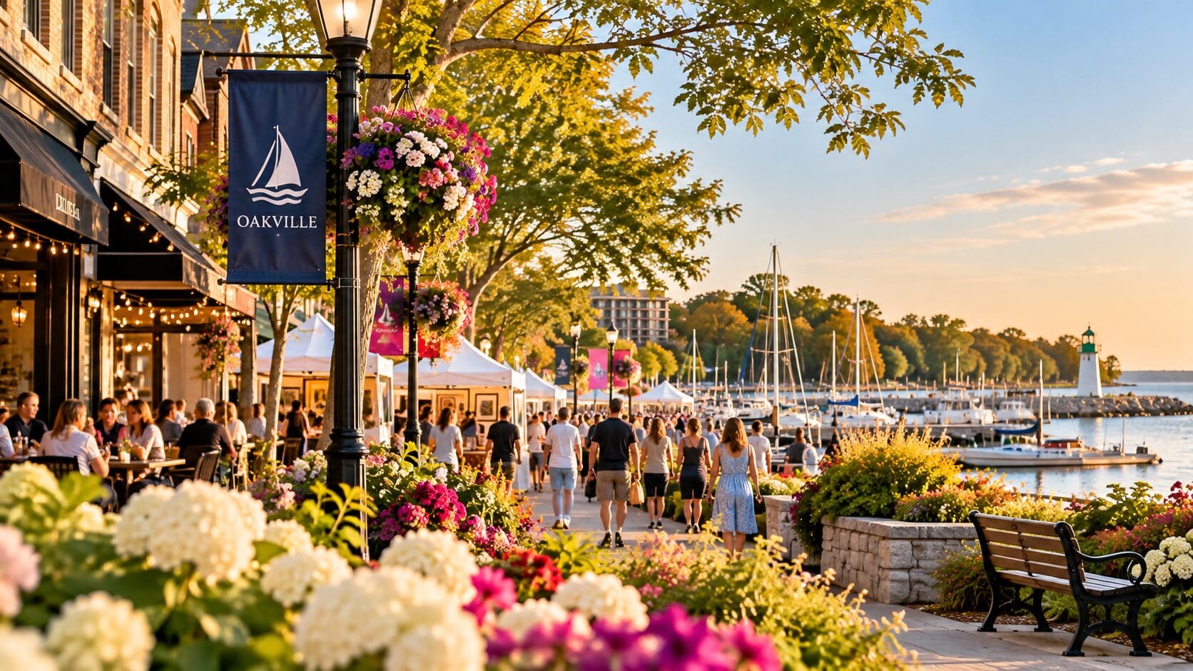 Oakville waterfront during a community event with local shops, outdoor dining, flowers and sailboats.