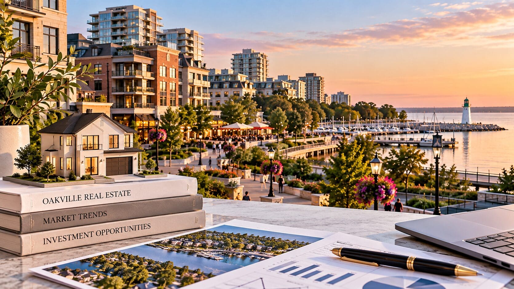 Oakville waterfront with residential properties and real estate investment materials representing the local housing market.