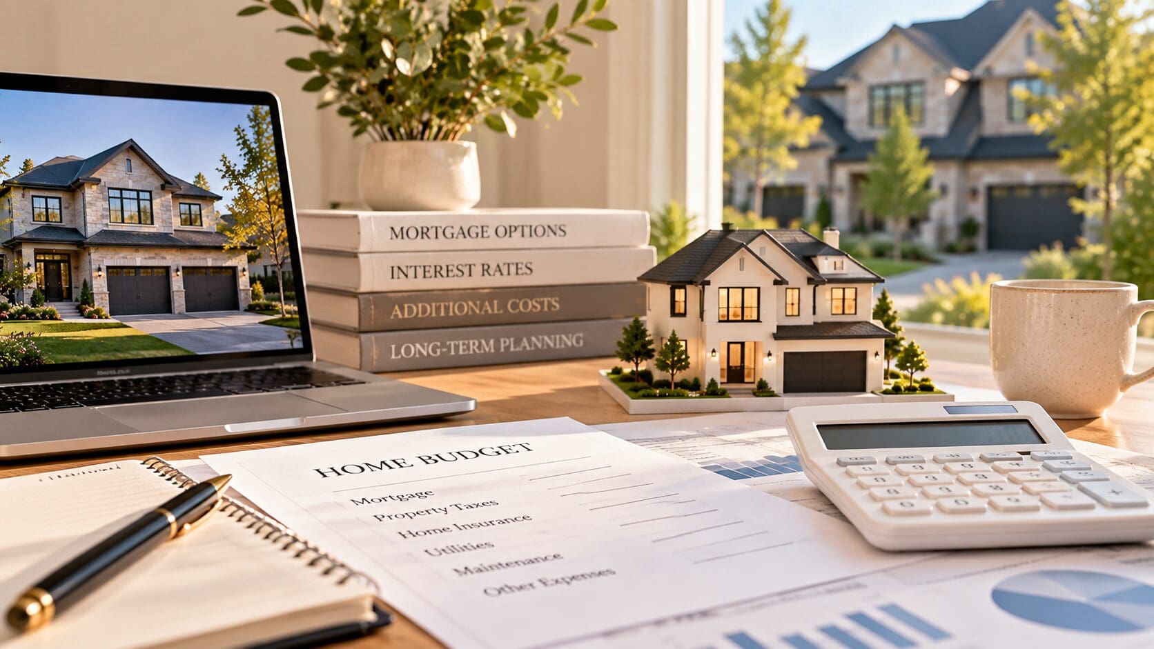 Home affordability planning with a calculator, mortgage documents, house model and home listing.