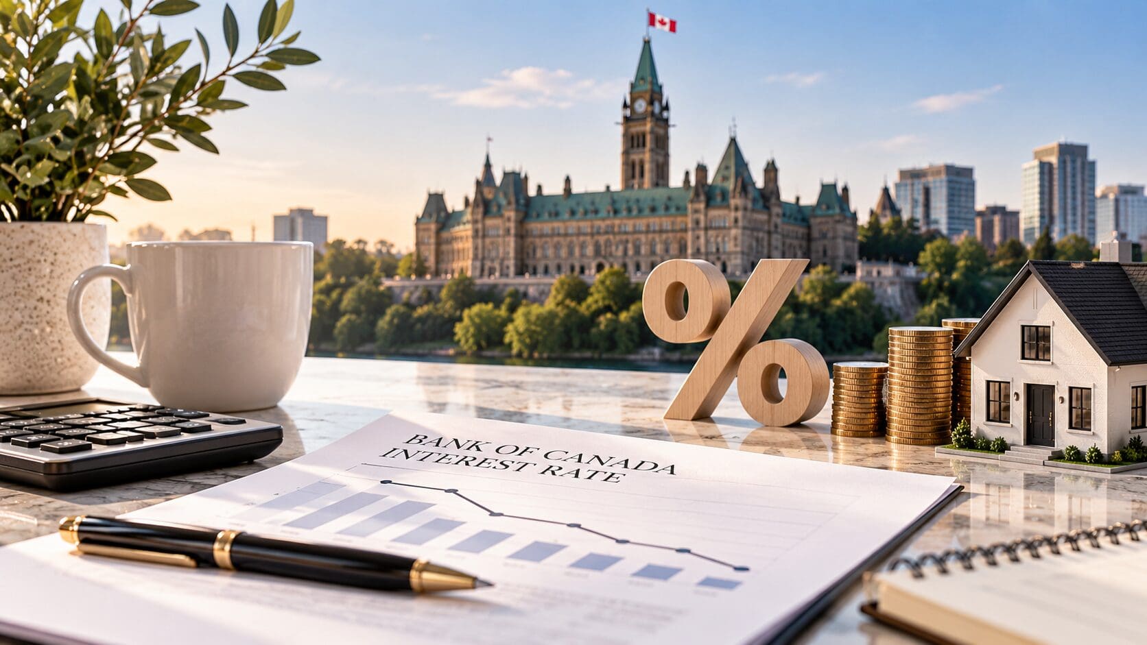 Bank of Canada interest rate report with a home model, calculator, percentage symbol and coins representing the impact of rate changes on home buyers and homeowners.