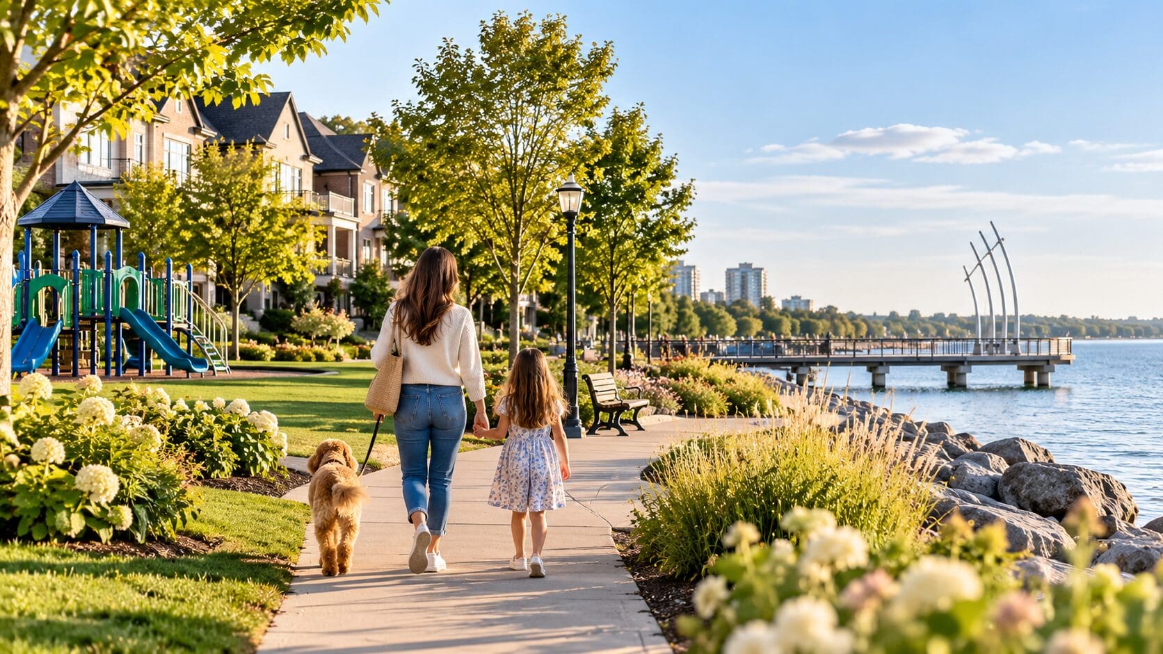 Family walking along Burlington’s waterfront near homes, green spaces and a playground.