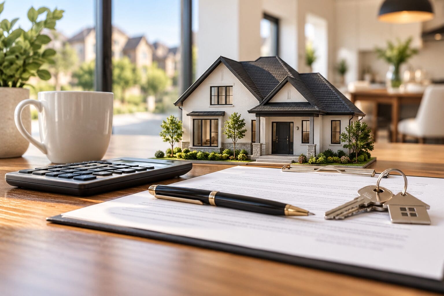 Modern home model with calculator, documents and keys representing the hidden costs of buying a home.