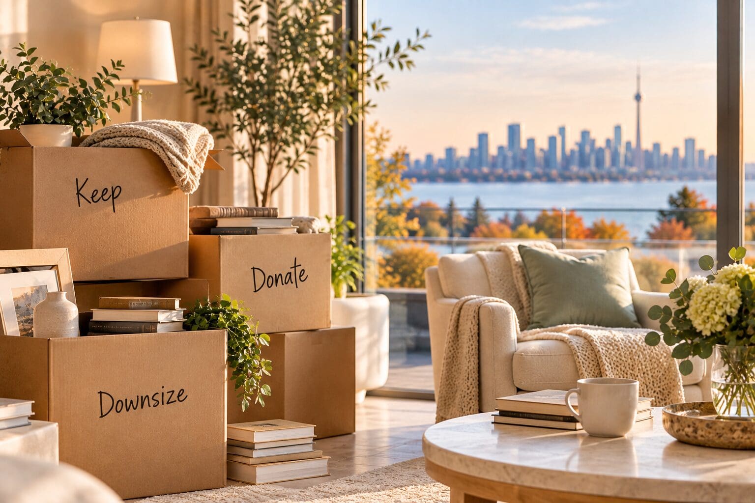 Moving boxes in a bright home representing the process of downsizing and preparing for a simpler lifestyle.