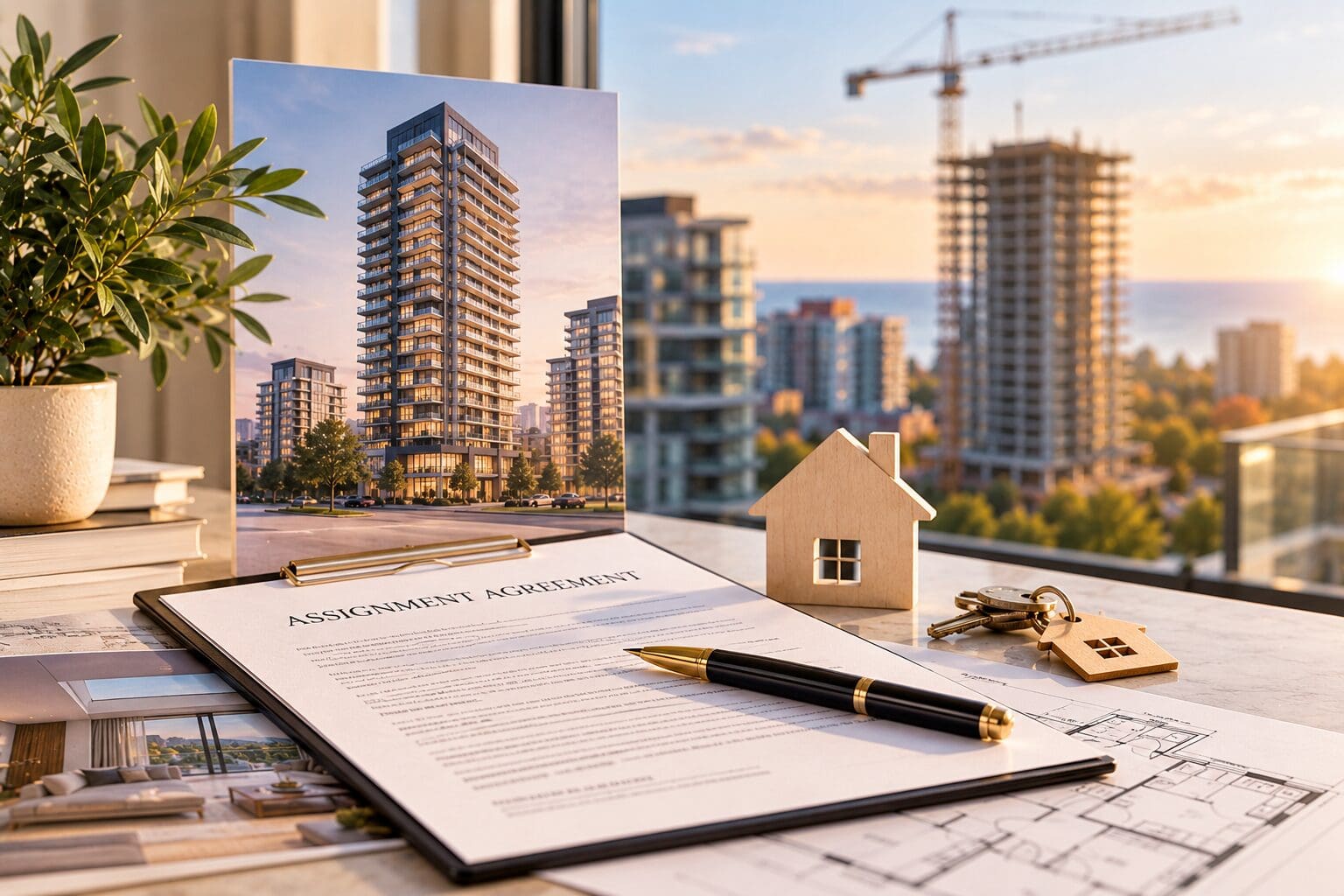 Pre-construction condo assignment agreement with property plans, keys, and a condominium development under construction in Ontario.