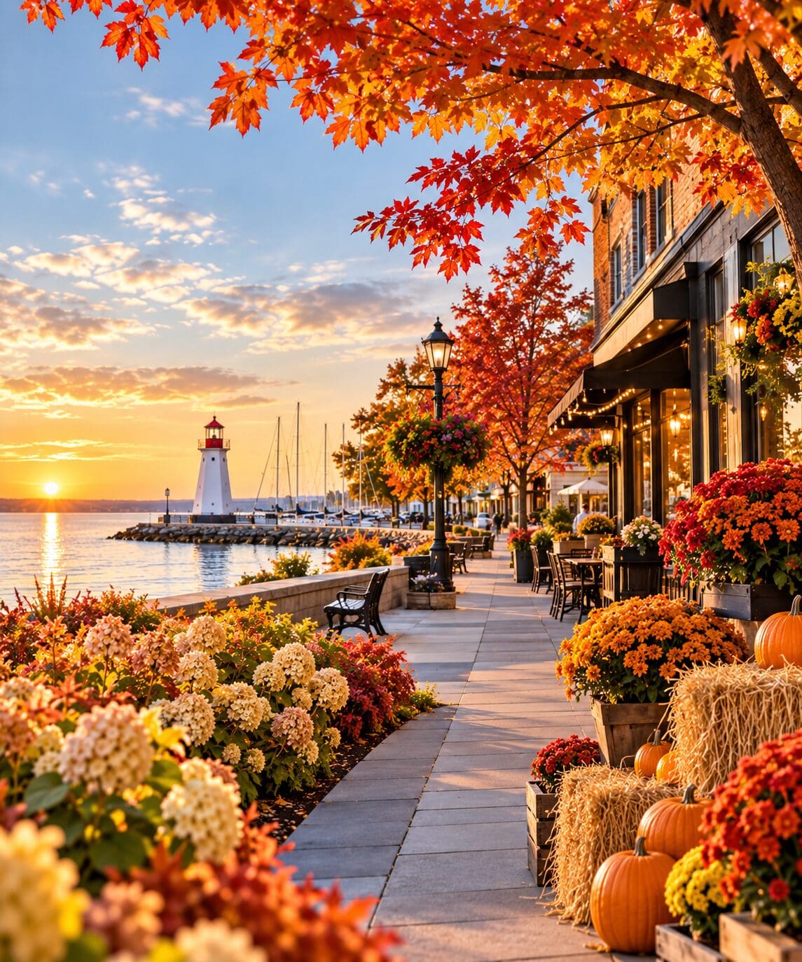 Colourful fall waterfront scene with autumn trees, local shops, cafés, pumpkins, and seasonal decorations in Oakville and Burlington.