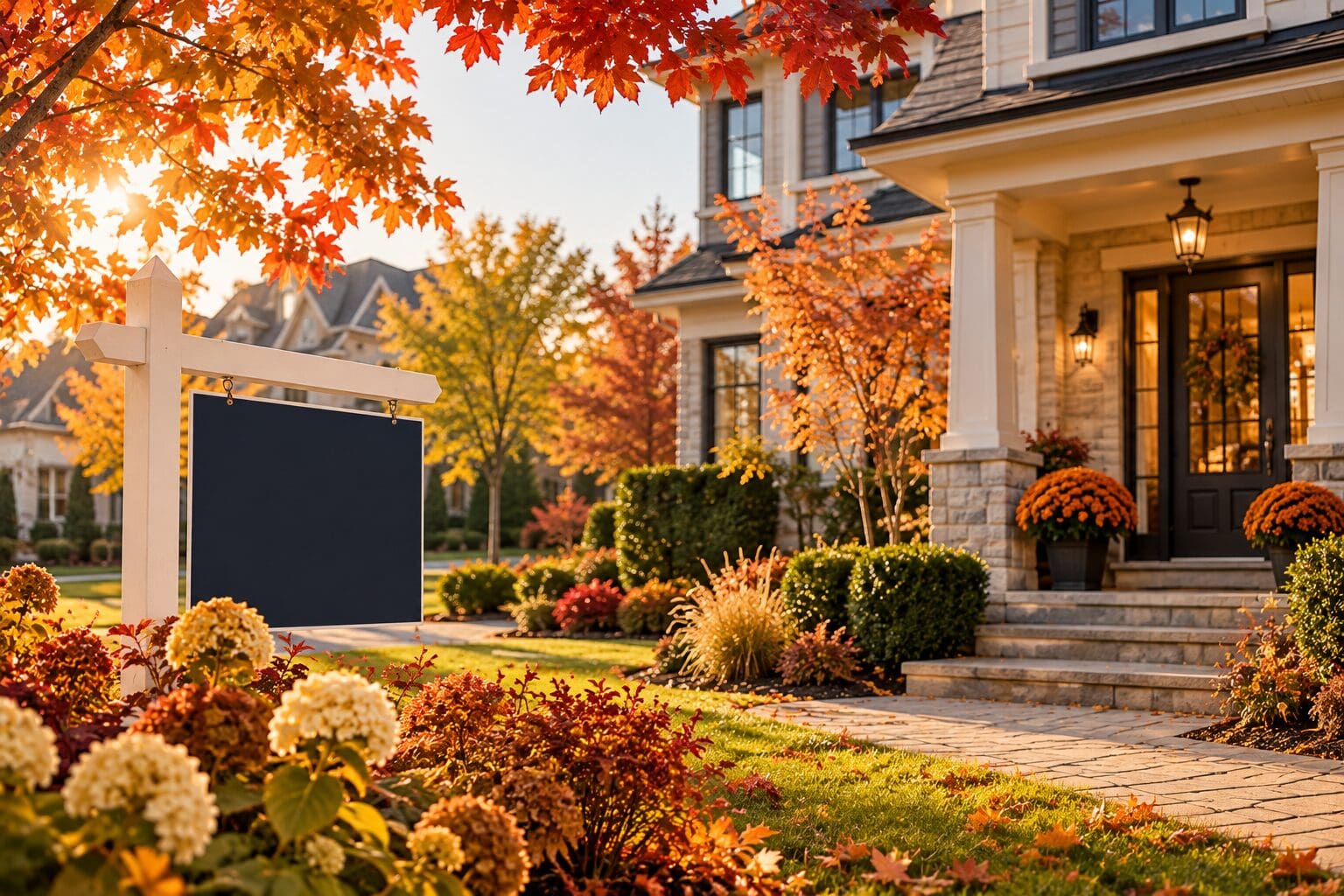 Home for sale in an Ontario neighbourhood surrounded by colourful fall foliage and seasonal landscaping.