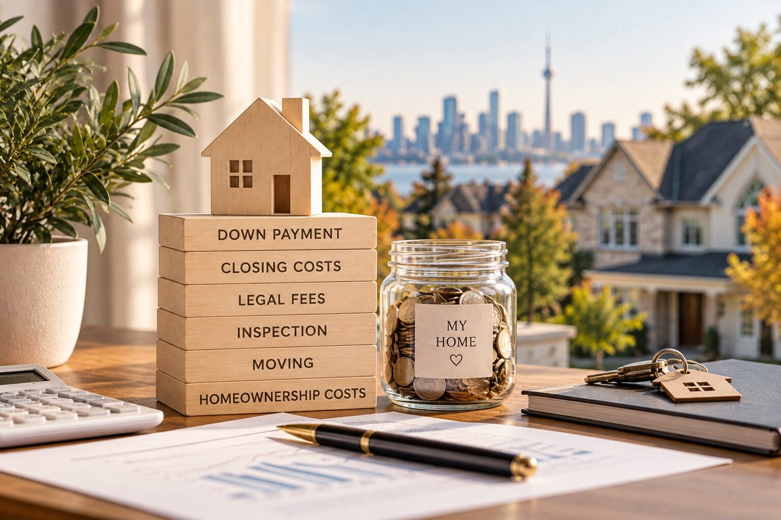 Home buying budget with a model house, savings jar, down payment, closing costs, and other Ontario homeownership expenses.