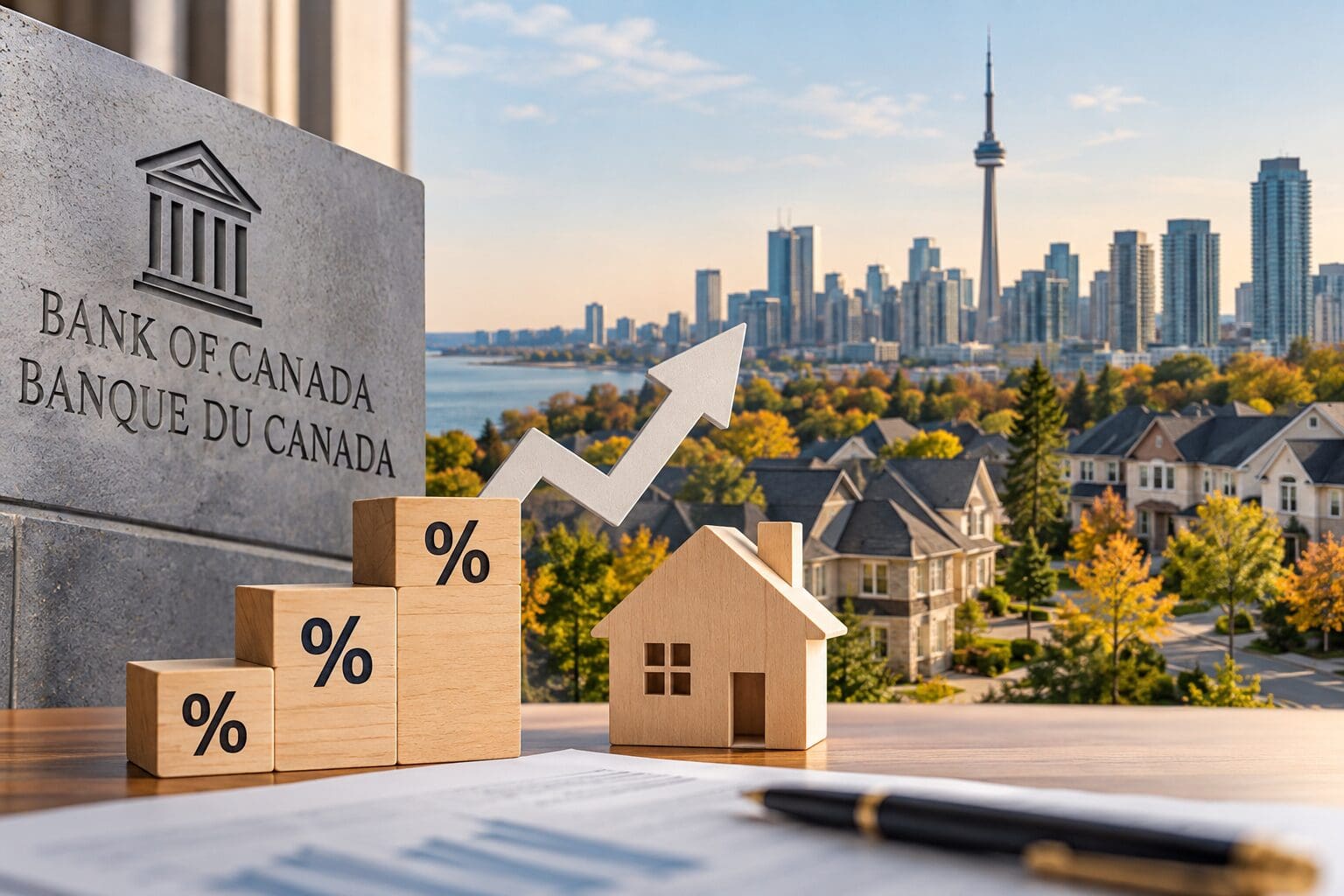 Bank of Canada interest rates and GTA housing market represented by percentage blocks, a house model, and the Toronto skyline.
