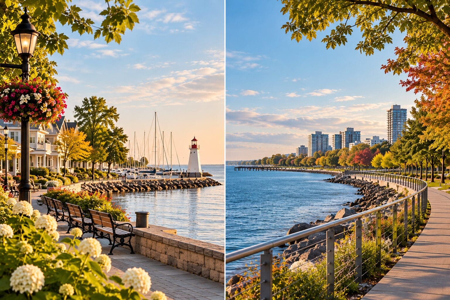 Side-by-side view of Oakville and Burlington waterfront communities along Lake Ontario.